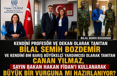 Kendini Profesör ve dekan olarak tanıtan BİLAL SEMİH BOZDEMİR ve kendini BM Barış Büyükelçi Yardımcısı olarak tanıtan CANAN YILMAZ, Sayın Bakan HAKAN FİDAN'ı kullanarak BÜYÜK BİR VURGUNA MI HAZIRLANIYOR?