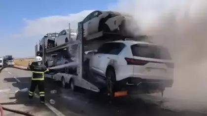 Ağrı'da otomobil yüklü TIR'da yangın
