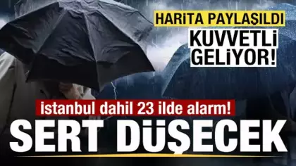 Harita paylaşıldı! Sert düşecek! İstanbul dahil 23 ilde alarm! AKOM'dan açıklama!