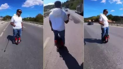 Trafikte akılalmaz anlar: Tek tekerlekli scooter ile tırların sağından geçti